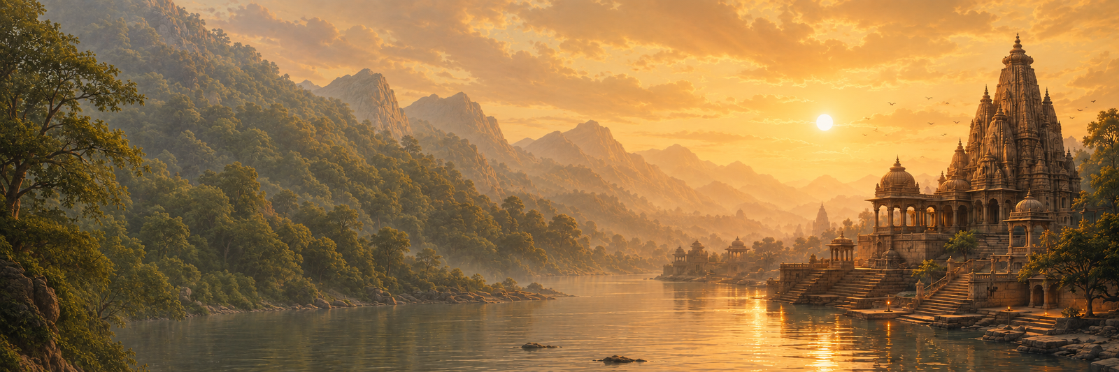 AstroShruti brand illustration — a river ghat at sunrise